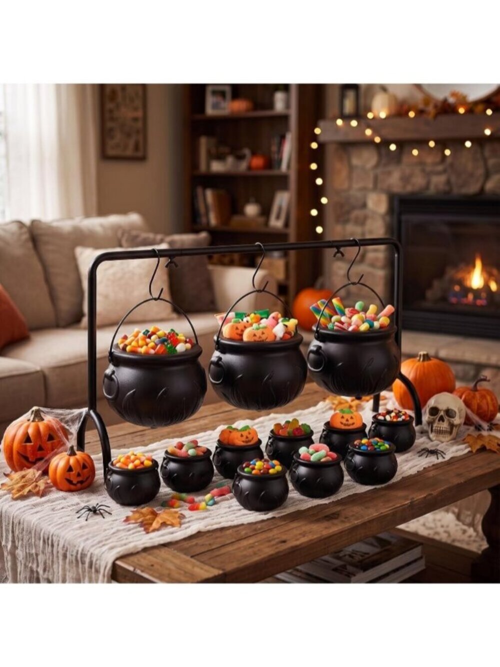 3 Pack Halloween Witches Cauldron with Metal Stand and 9 Mini Pots Candy Bowls